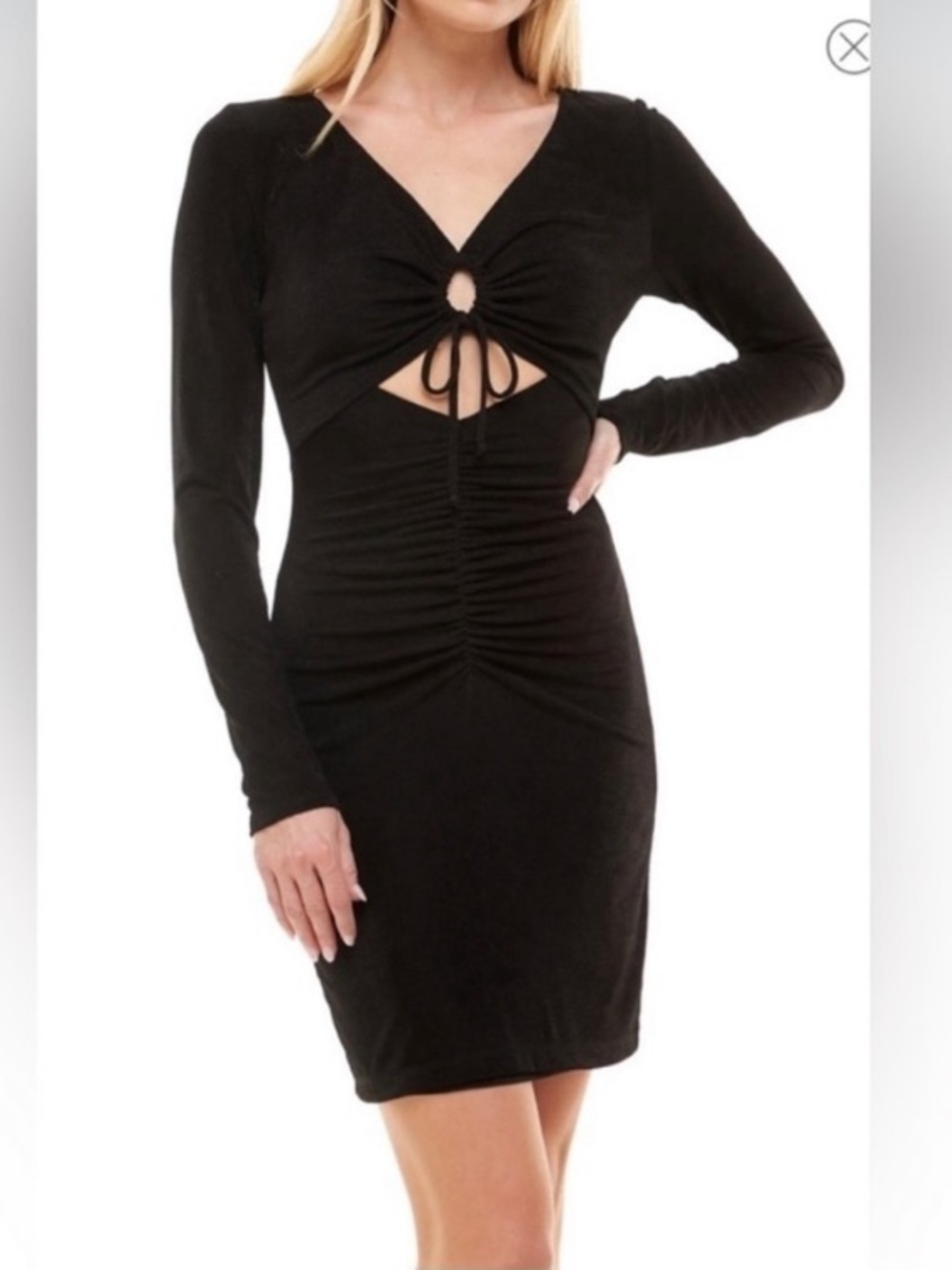 Socialite Black Long-Sleeve Front Cutout Ruched Bodycon Dress